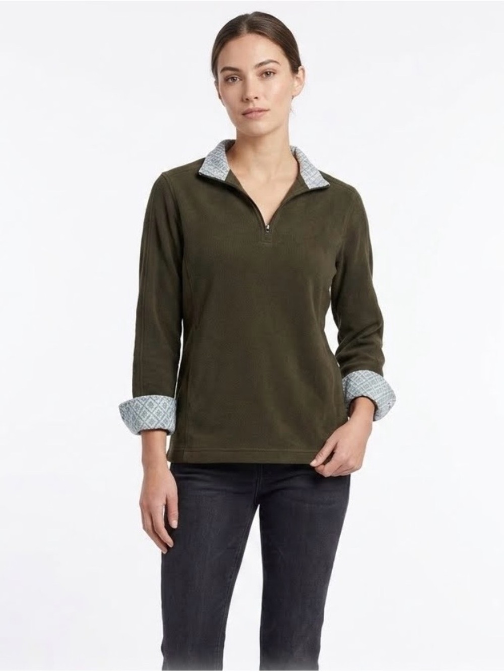 Orvis Olive Green Half-Zip Pullover with Patterned Trim